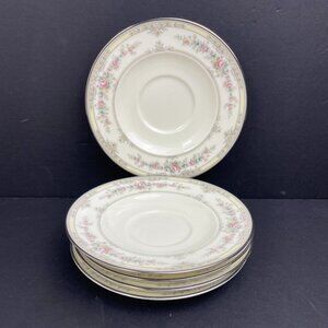 Set of 5 Noritake Shenandoah 9729 Bone China Silver Rim Saucers 5.75” Japan